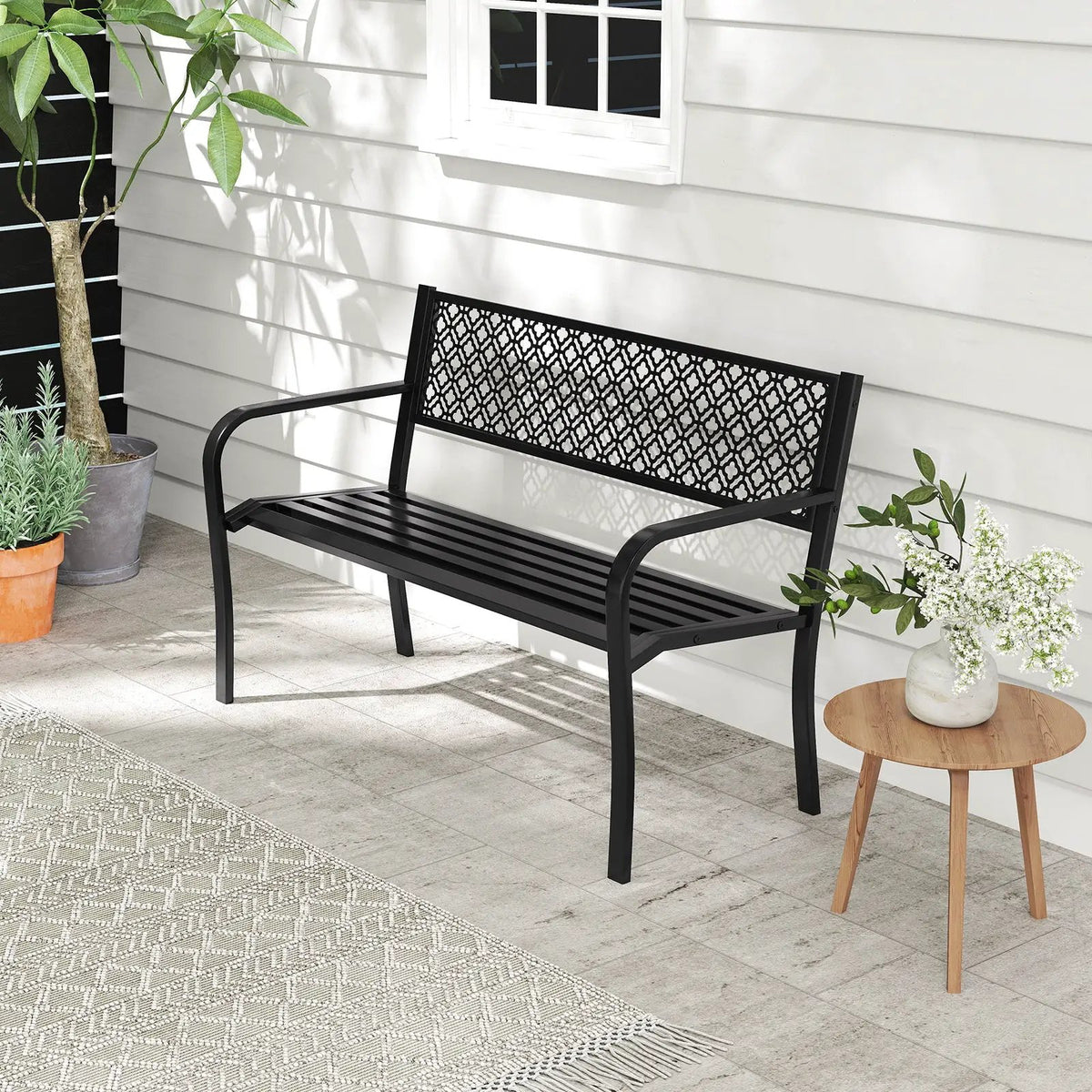 50 Inches Outdoor Garden Bench with Geometric Lattice Backrest and Slatted Seat by DirectDeals
