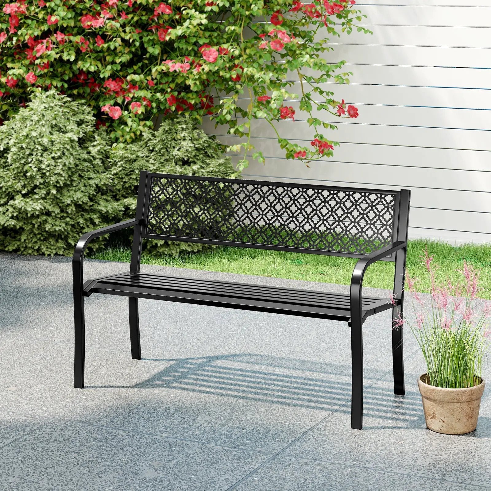 50 Inches Outdoor Garden Bench with Geometric Lattice Backrest and Slatted Seat by DirectDeals