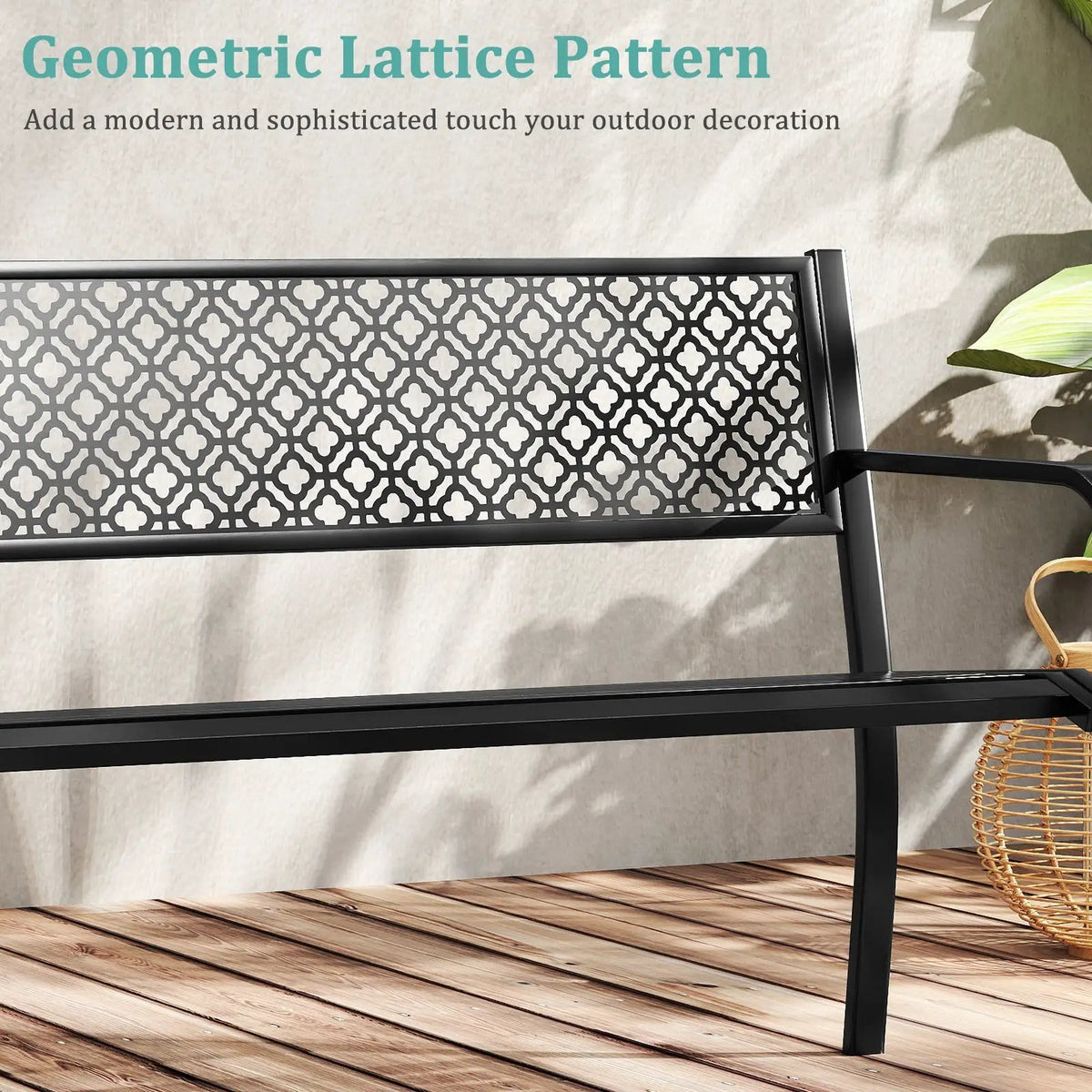 50 Inches Outdoor Garden Bench with Geometric Lattice Backrest and Slatted Seat by DirectDeals