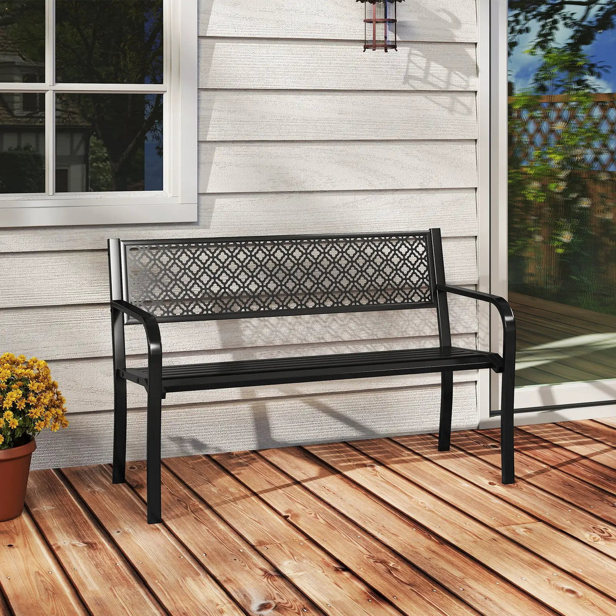 50 Inches Outdoor Garden Bench with Geometric Lattice Backrest and Slatted Seat by DirectDeals