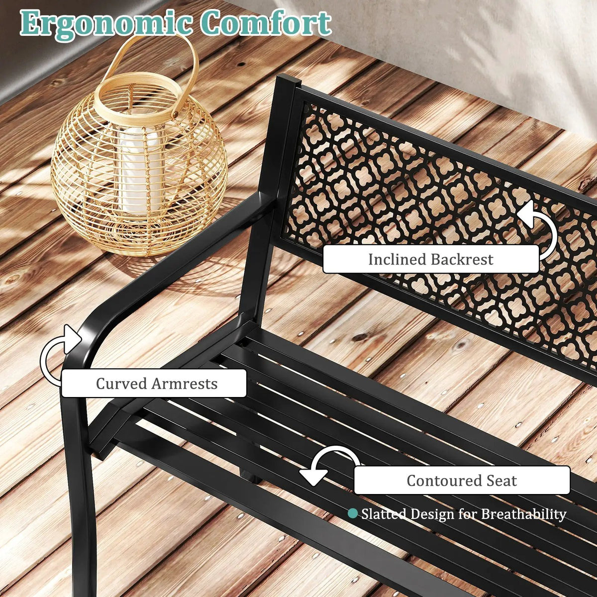 50 Inches Outdoor Garden Bench with Geometric Lattice Backrest and Slatted Seat by DirectDeals