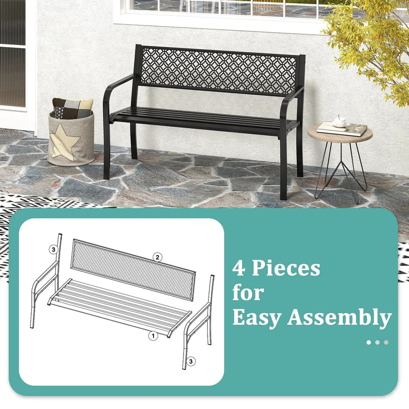 50 Inches Outdoor Garden Bench with Geometric Lattice Backrest and Slatted Seat by DirectDeals