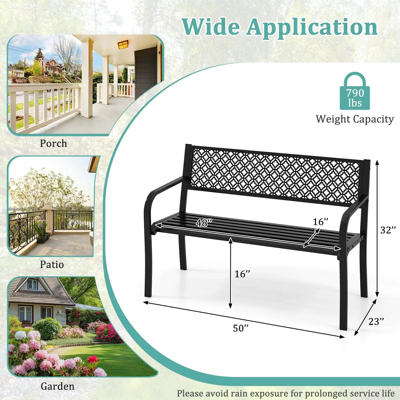 50 Inches Outdoor Garden Bench with Geometric Lattice Backrest and Slatted Seat by DirectDeals