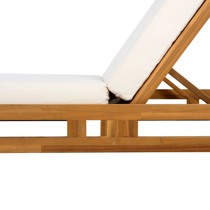Premium Acacia Wood Lounge Chaise Set With Water Resistant Cushions, Adjustable Recline - Cream / Teak by HouseOfZazla