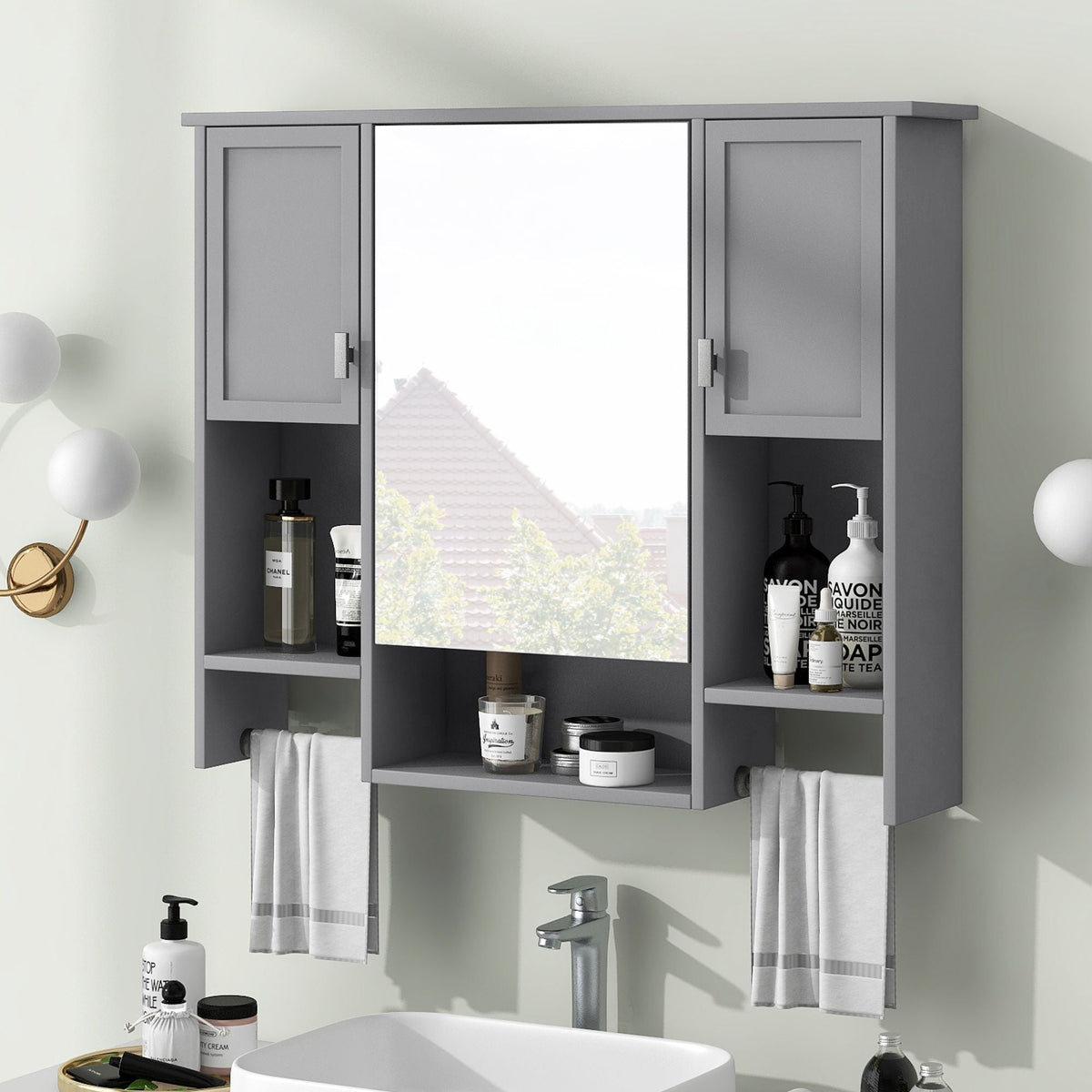 Wall Mounted Bathroom Storage Cabinet with Mirror and Towel Bar - Black, Dark Gray, or White, photo 8 of 12
