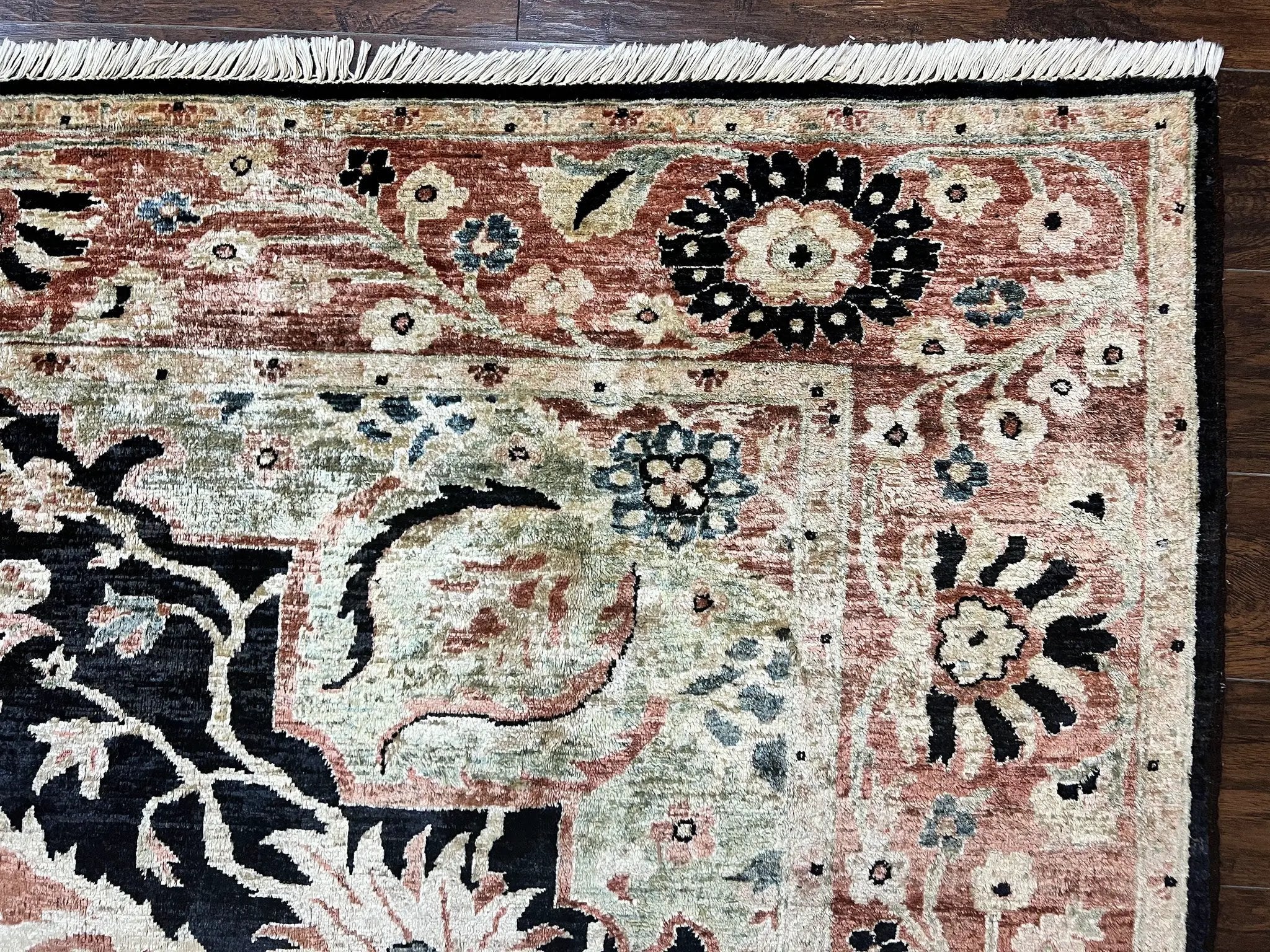 Pak Persian Rug 8x10, Pakistani Mahal Sultanabad Carpet, Signature from Master Weaver, Shiny Wool, Black Red Vintage Handmade Medallion Rug by Jewel Rugs