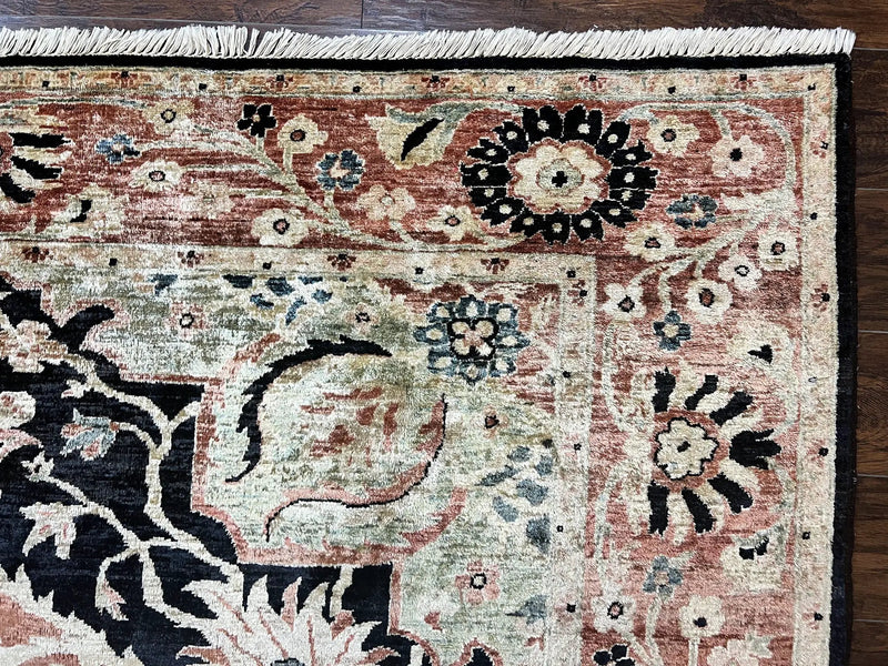 Pak Persian Rug 8x10, Pakistani Mahal Sultanabad Carpet, Signature from Master Weaver, Shiny Wool, Black Red Vintage Handmade Medallion Rug by Jewel Rugs