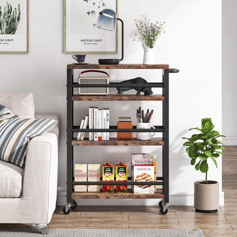 Slim 4 Tier Rolling Utility Cart With Wheels, Narrow Kitchen Storage Trolley - Brown / Black by HouseOfZazla