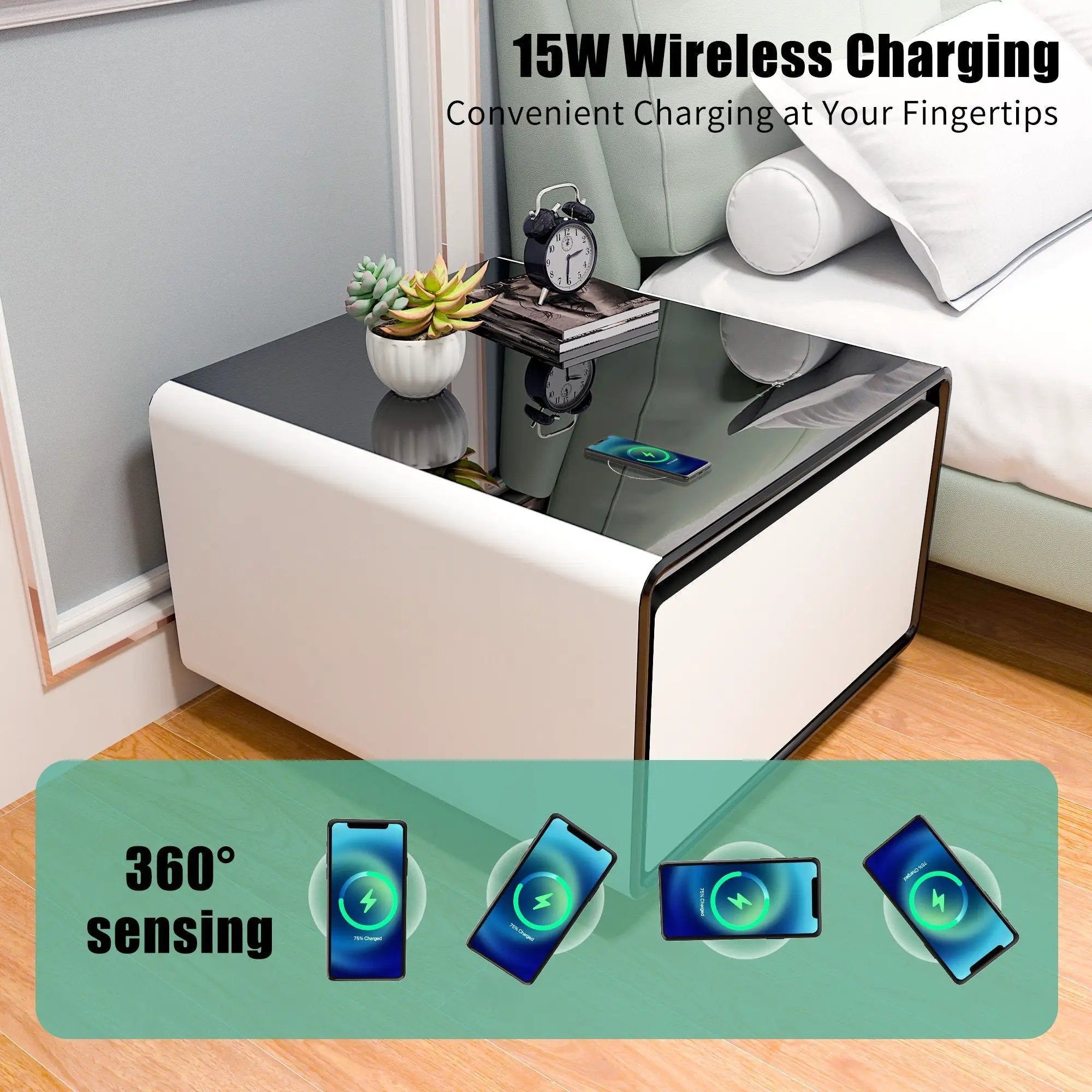 Modern Smart Side Table With Built-In Fridge, Wireless Charging, Temperature Control, Power Socket, USB Ports, Outlet Protection, Induction Light by Unique Piece Furniture