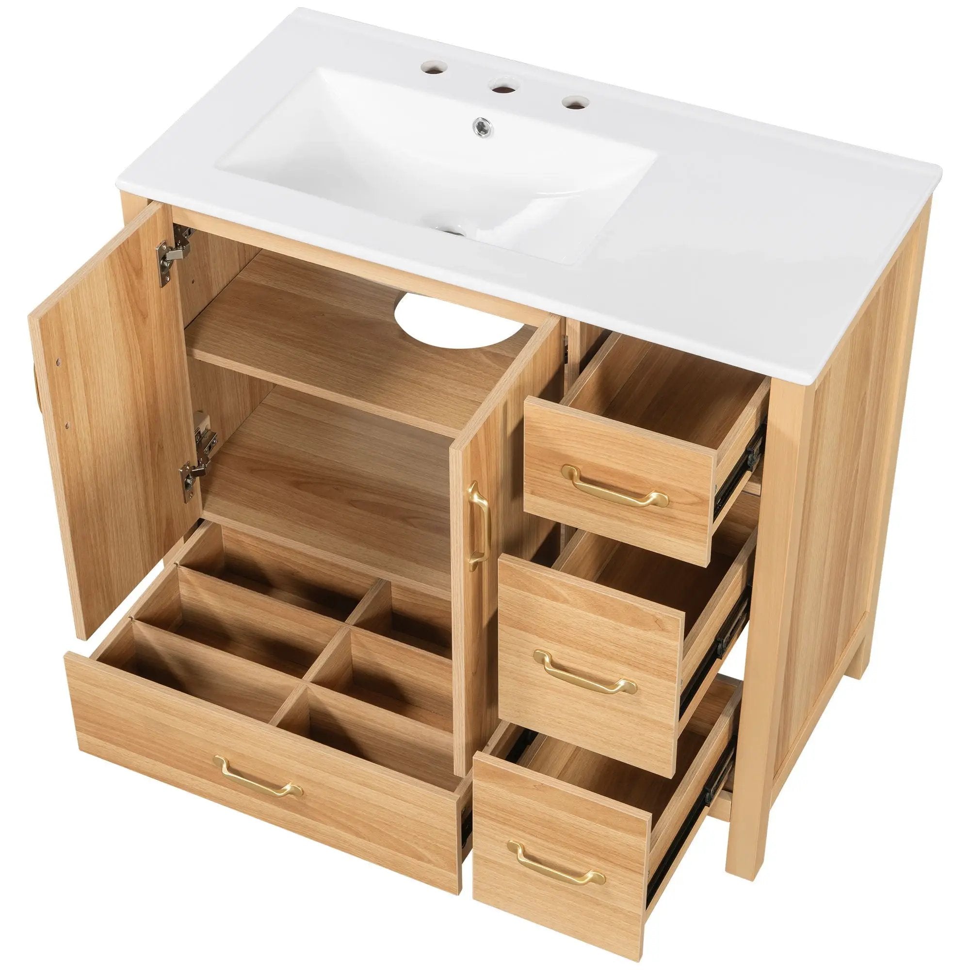 36" Bathroom Vanity, 2 Soft Close Doors, 4 Soft Close Drawers, Adjustable Shelf, Storage Cabinet - Acacia Wood by HouseOfZazla