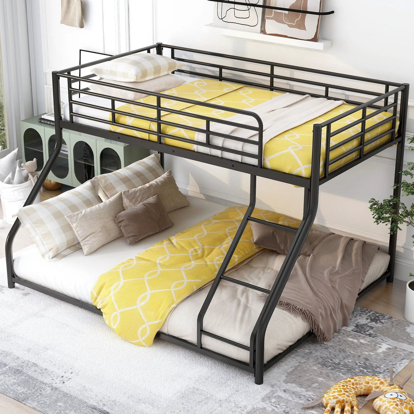 Metal Floor Bunk Bed With Sloped Ladder, Space Saving Design by HouseOfZazla