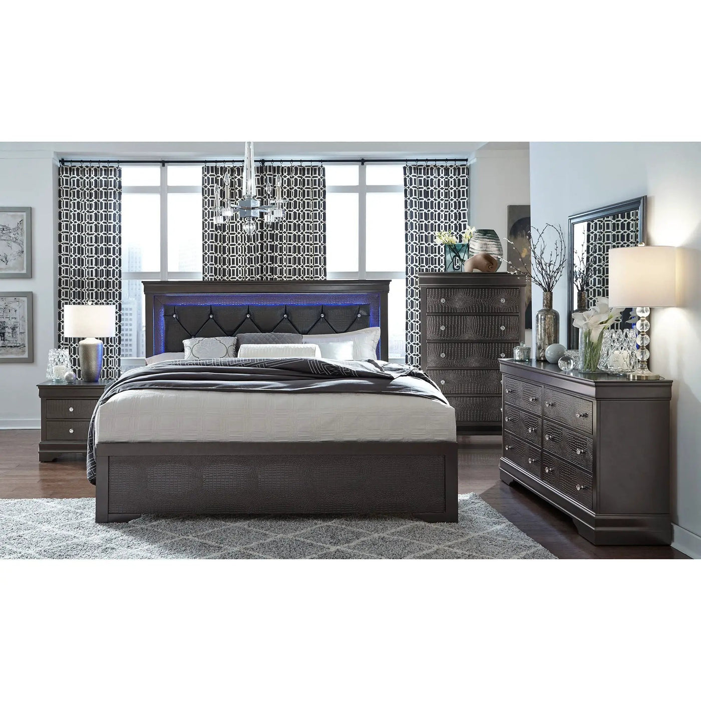 Shaker - 5 Pieces Bedroom Set With Crystal Inspired Tufted Headboard And LED Lighting by Unique Piece Furniture