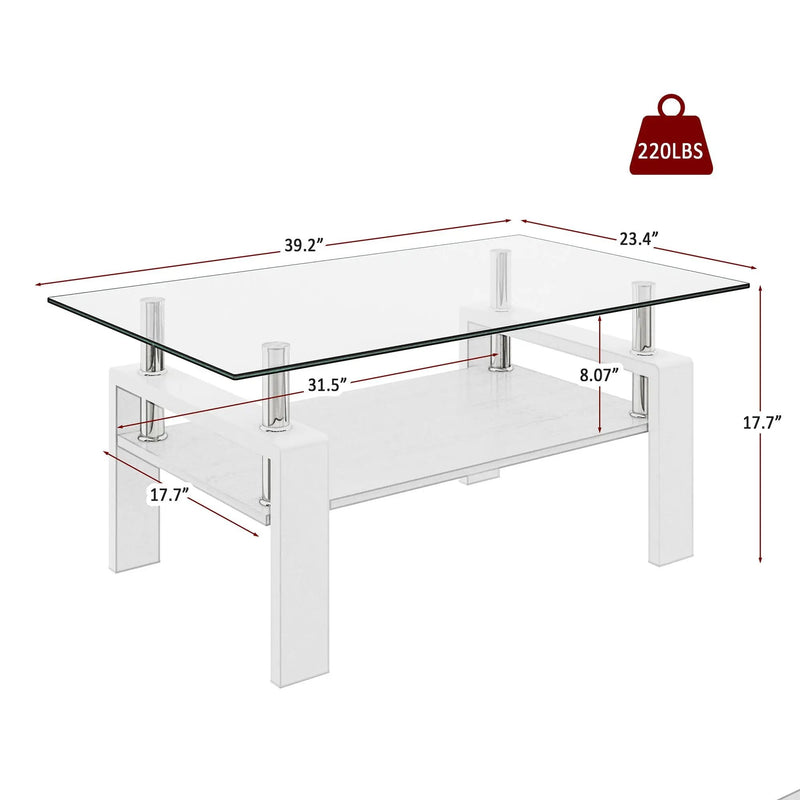 Modern Rectangular Coffee Table With Tempered Transparent Glass Top And Storage Shelf by HouseOfZazla