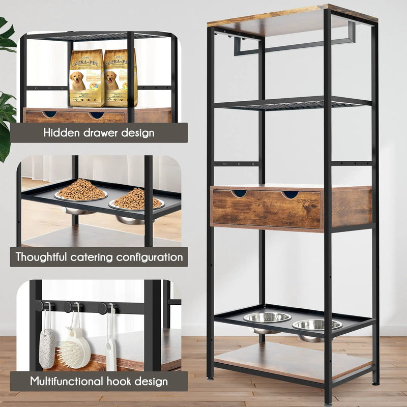 Dog Feeding Station, 3 Height Adjustable Raised Dog Bowls, Dog Feeder Station For Large Medium Dogs Cats, Dog Storage With Shelves - Black / Dark Brown by Unique Piece Furniture