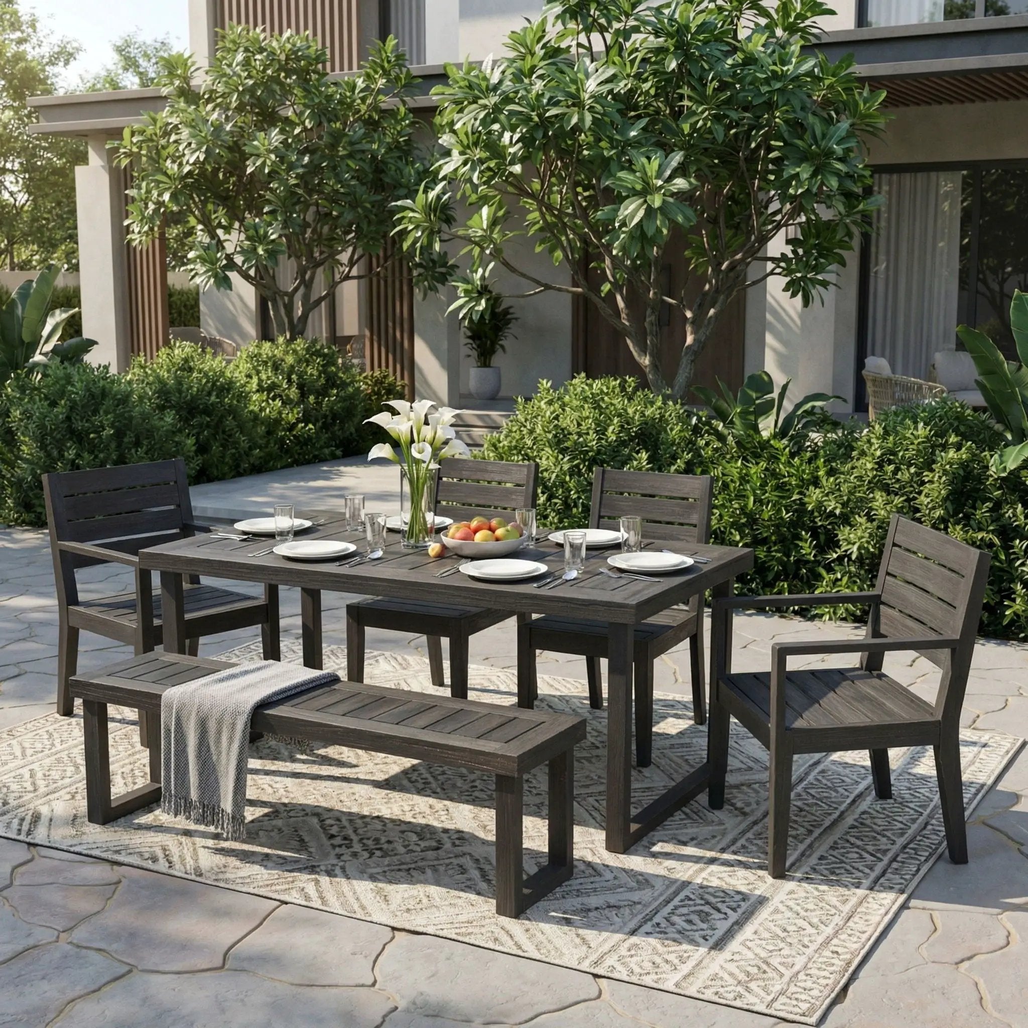 Outdoor 6 Seater Dining Set With Bench - Dark Gray / Light Gray by HouseOfZazla