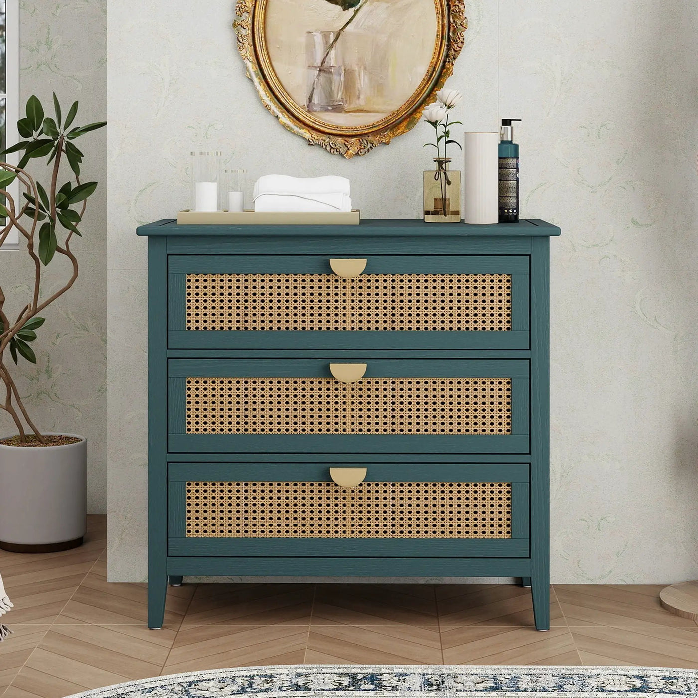 3 Drawer Cabinet, Natural Rattan, American Furniture by HouseOfZazla