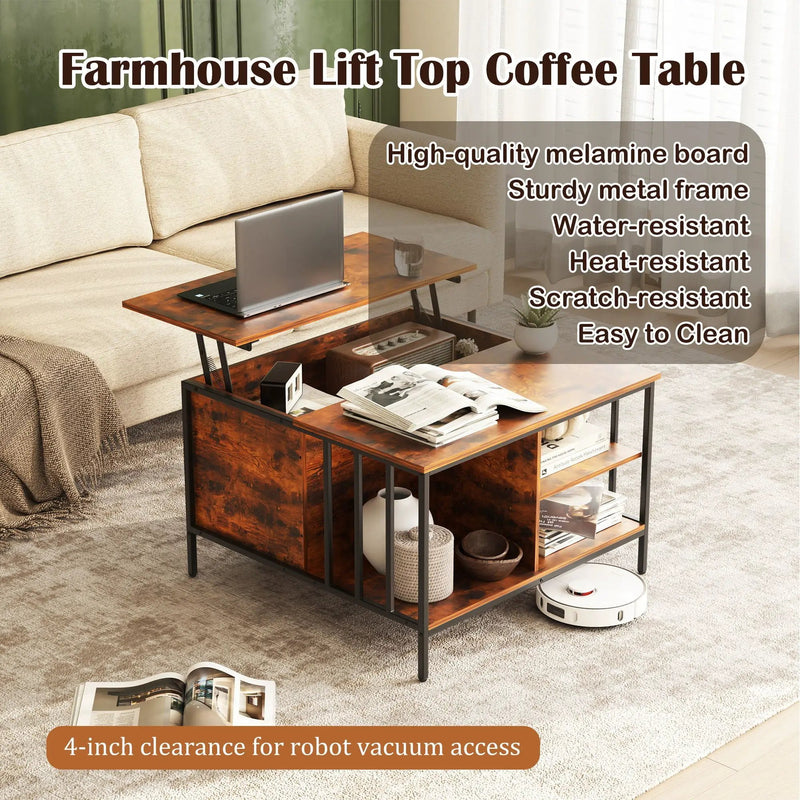 Lift Top Coffee Table With Storage, Adjustable Height Living Room - Black / Brown by Unique Piece Furniture