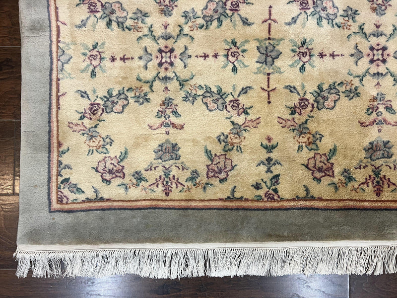 Sino Persian Rug 8x10, Floral, Oatmeal and Light Teal, Handmade Wool Vintage Carpet by Jewel Rugs