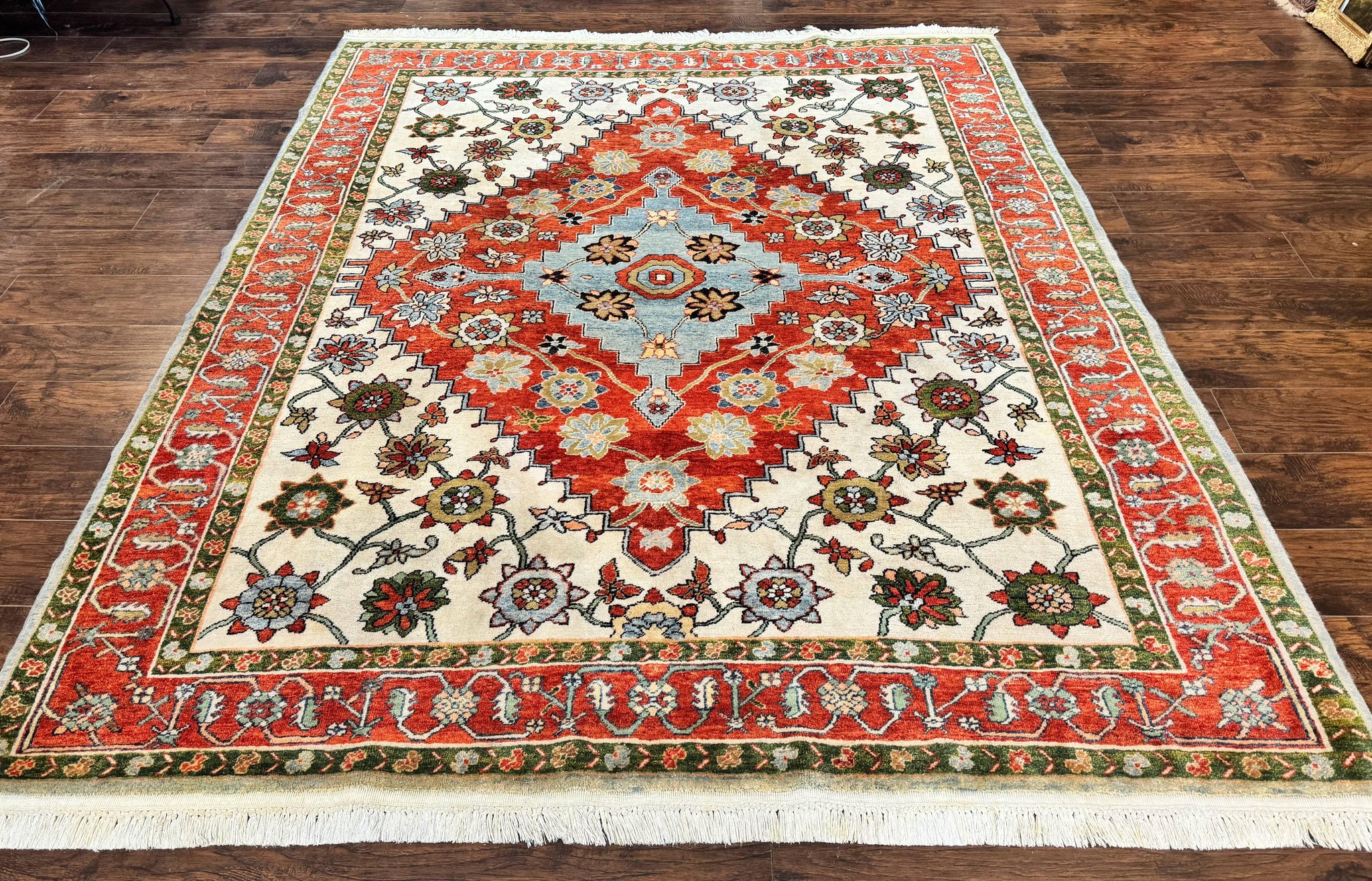 Indo Persian Heriz Rug 7x9, Geometric Pattern, Cream & Light Red, Handmade Vintage Wool Carpet by Jewel Rugs