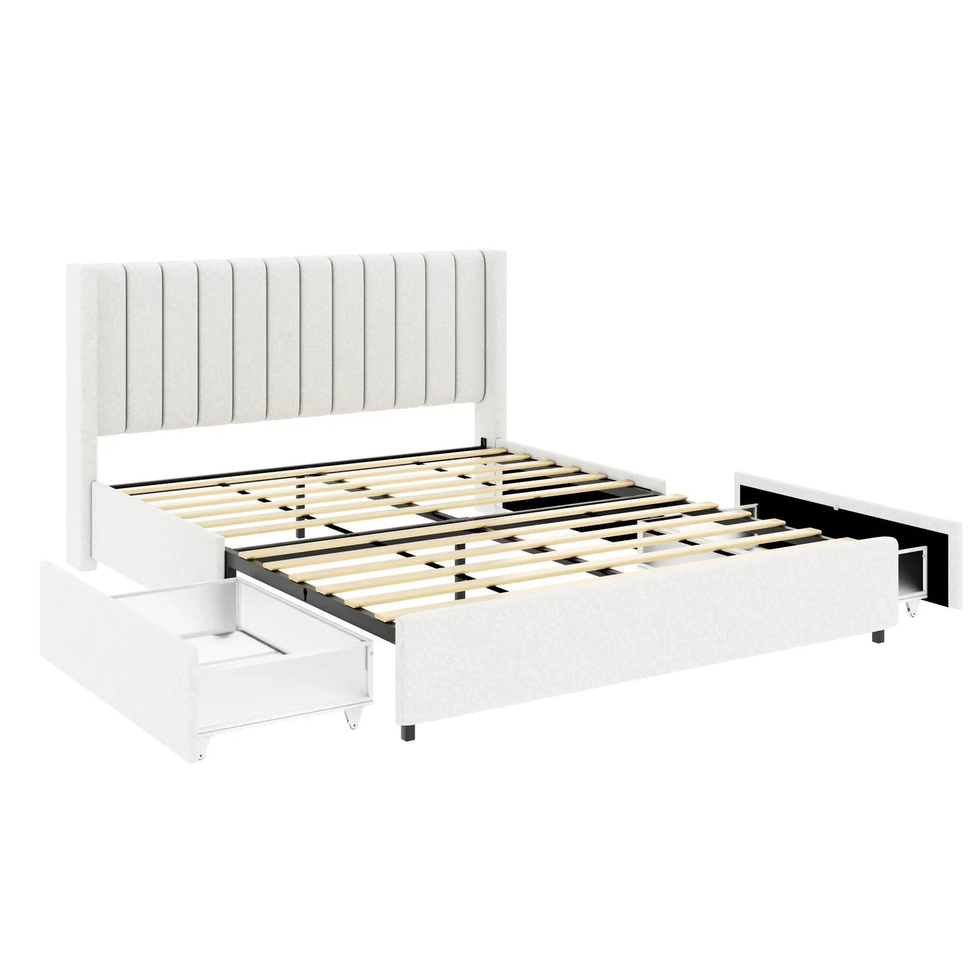 Anda - Boucle Upholstered Platform Bed With Patented Drawers Storage - Ivory by HouseOfZazla
