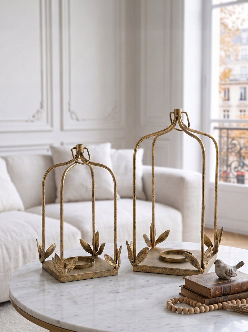 Distressed Gold Iron Lantern Set of 2 with Arched Design - Gold