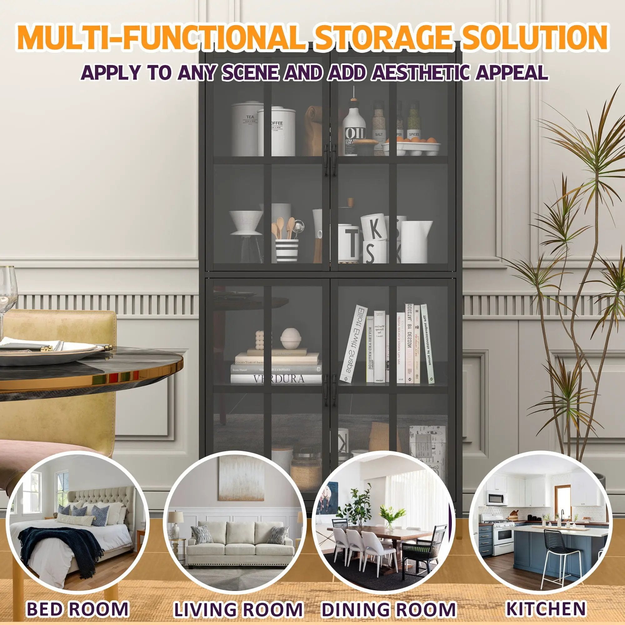 Premium Metal Storage Cabinet With Tempered Glass Doors, Adjustable Shelves, And Anti Tipping Device - Black by Unique Piece Furniture