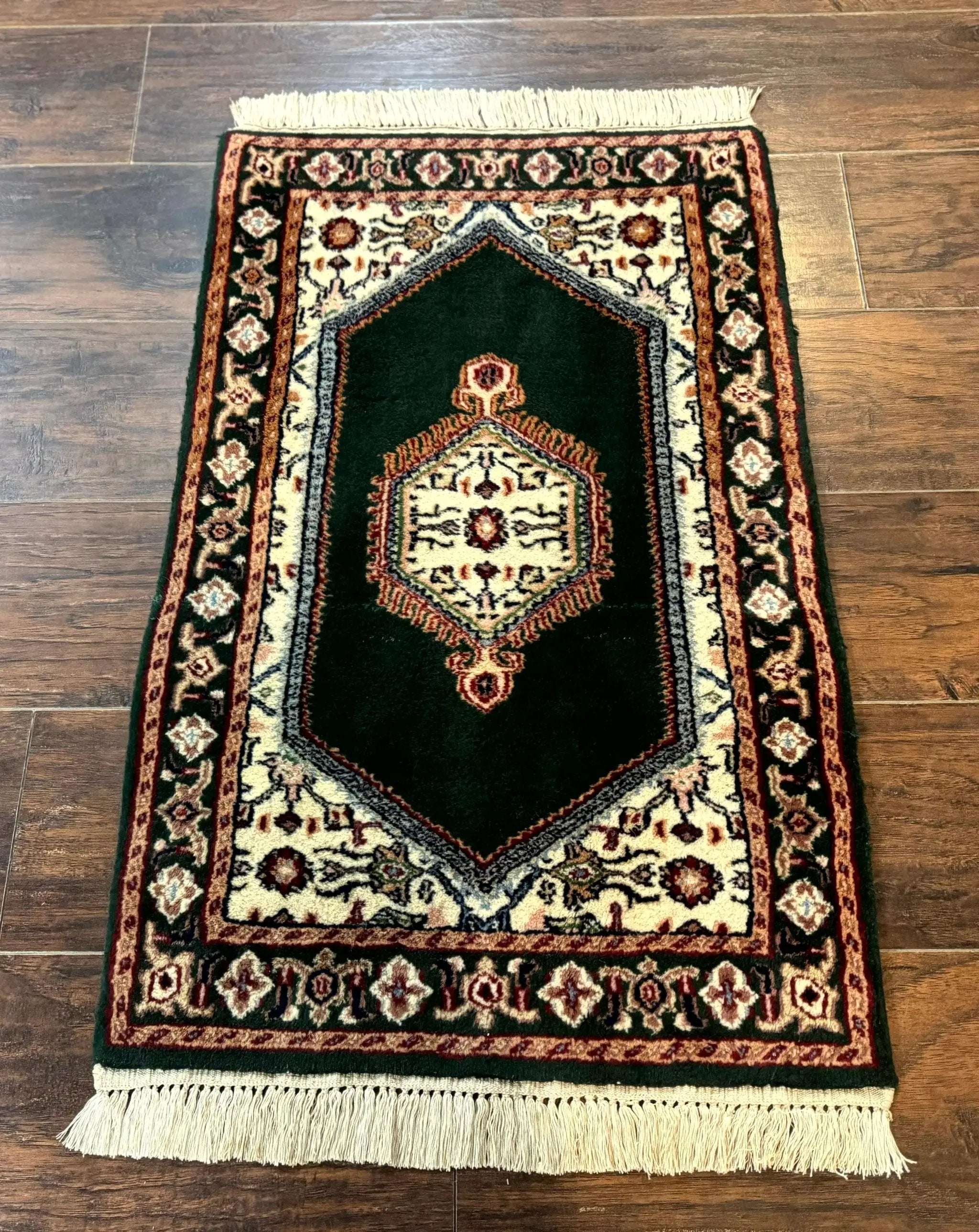 Small Indo Persian Dark Green Rug 2x3, Geometric Semi Open Field by Jewel Rugs
