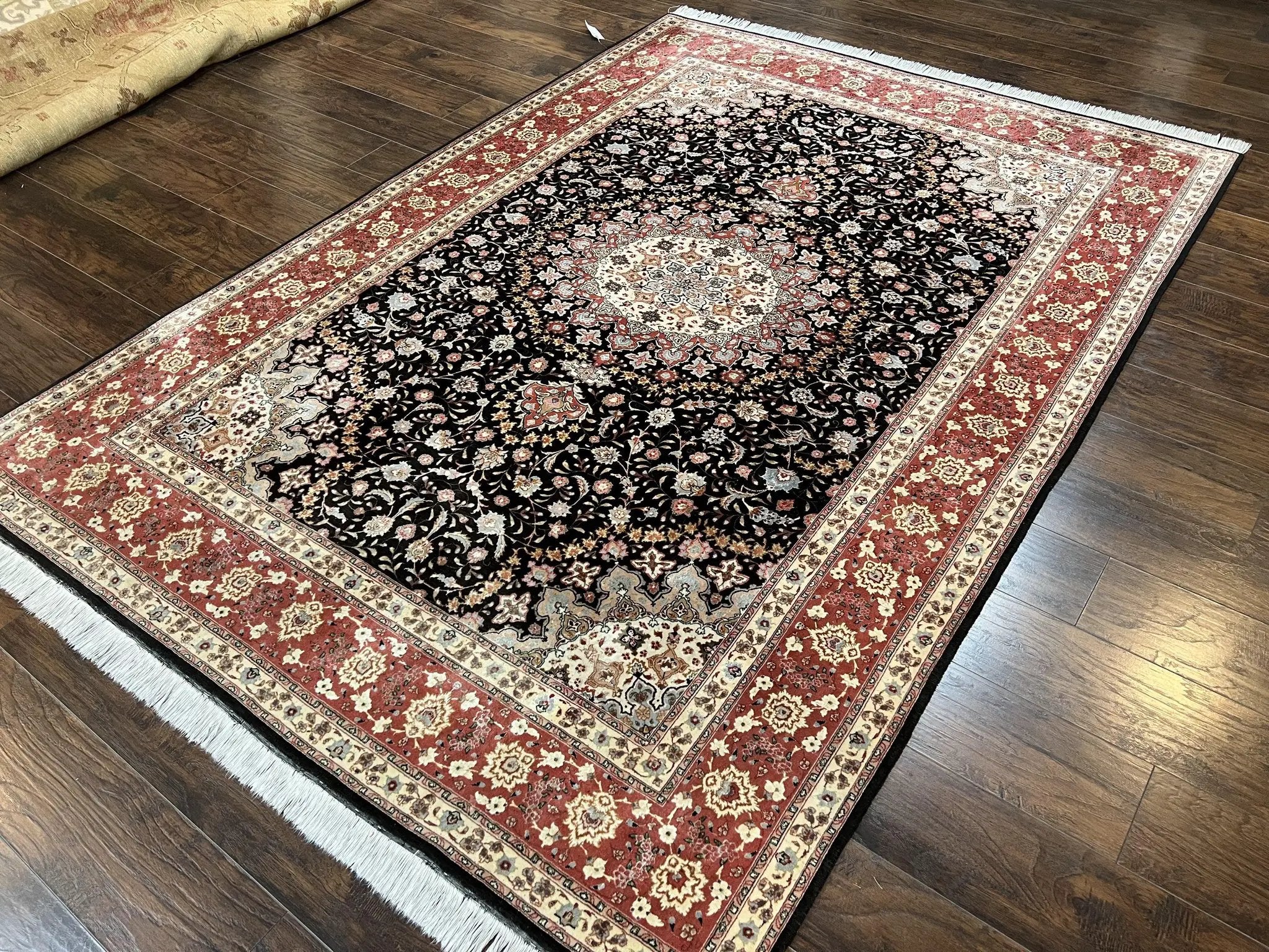 Marvelous Persian Tabriz Rug 7x10 ft, Super Fine 50 Raj, 300+ KPSI, Black and Rust Red, Floral Medallion Handmade Wool Oriental Carpet, Top Quality by Jewel Rugs
