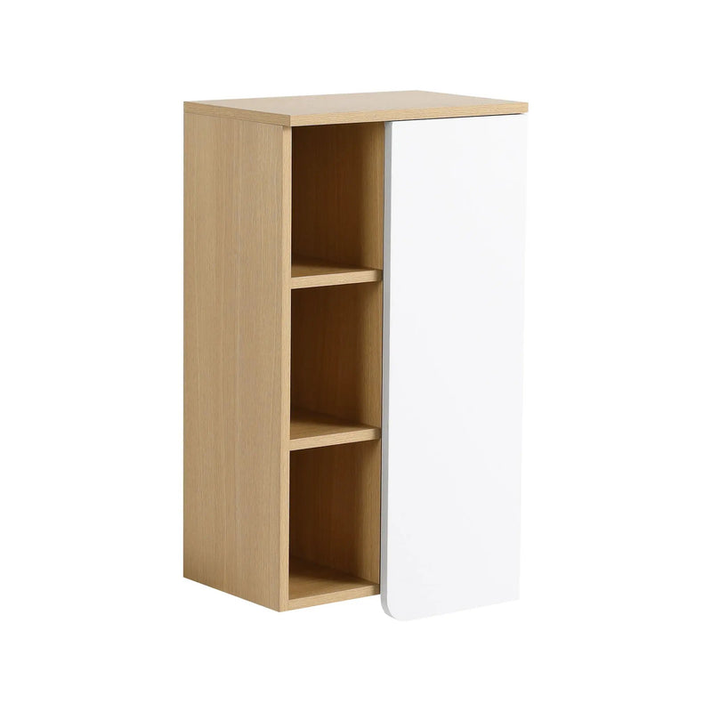 Wall Mounted Bathroom Side Cabinet, Single Door With 3 Tier Open Shelves - Black / Light Oak / White by HouseOfZazla