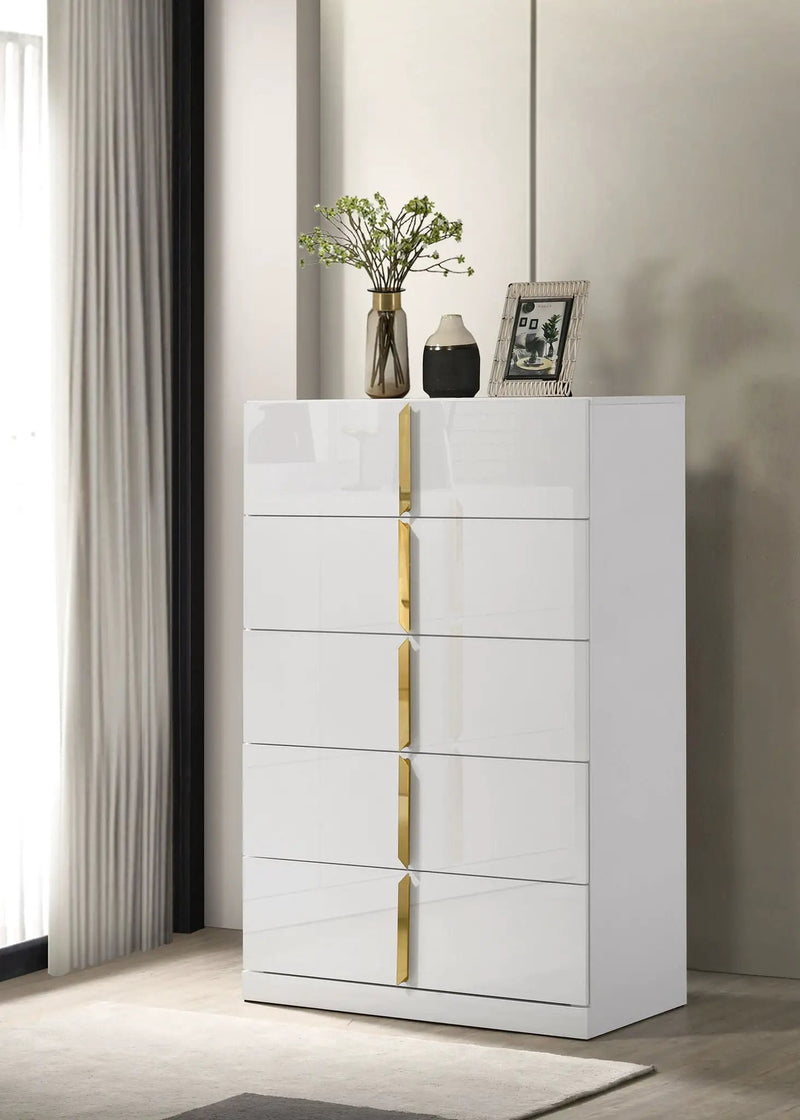 Ines 5-drawer Bedroom Chest of Drawers White High Gloss by Unique Piece Furniture