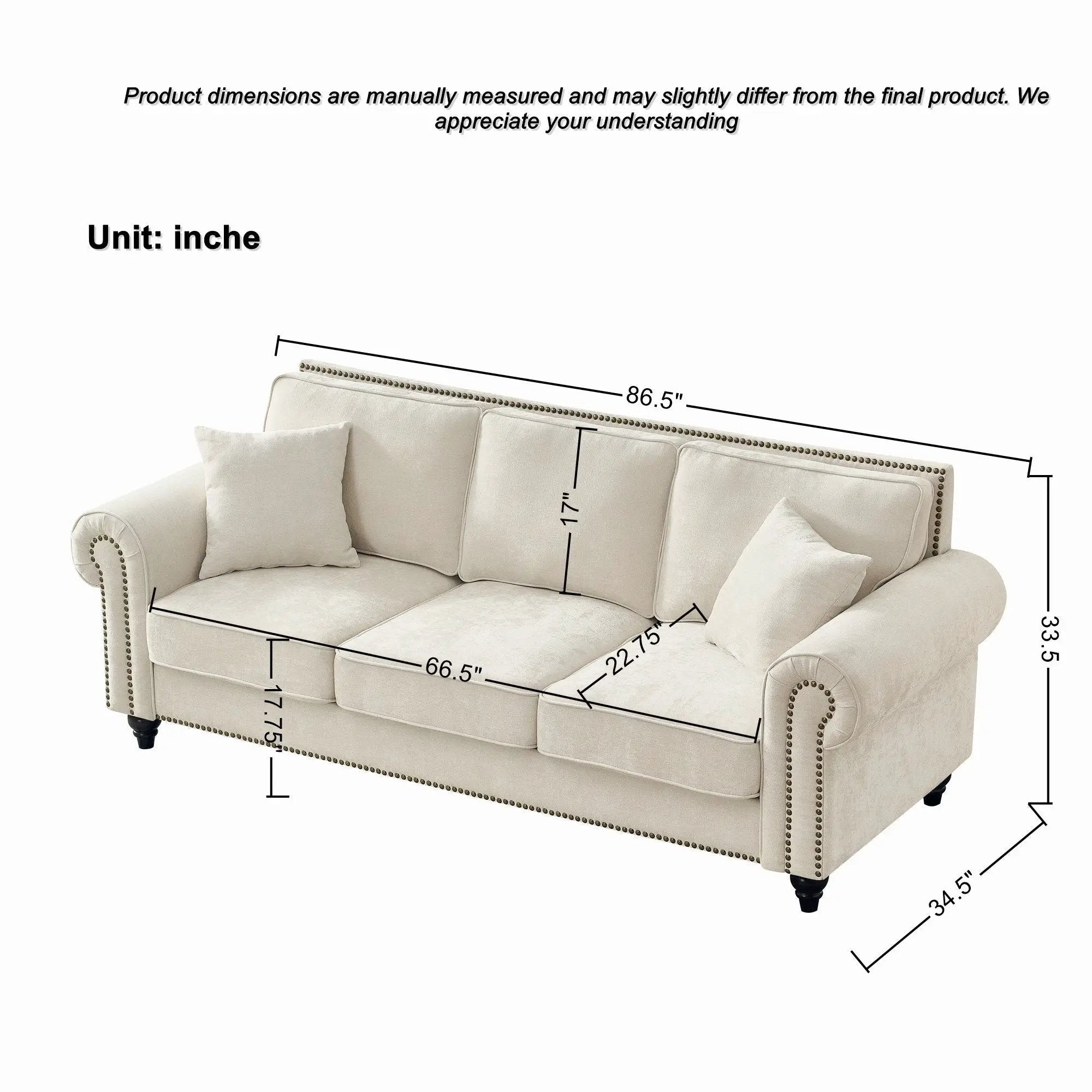 Modern 3 And 2 Seater Sofa With Rolled Arms, Tufted Upholstered Couch by Unique Piece Furniture