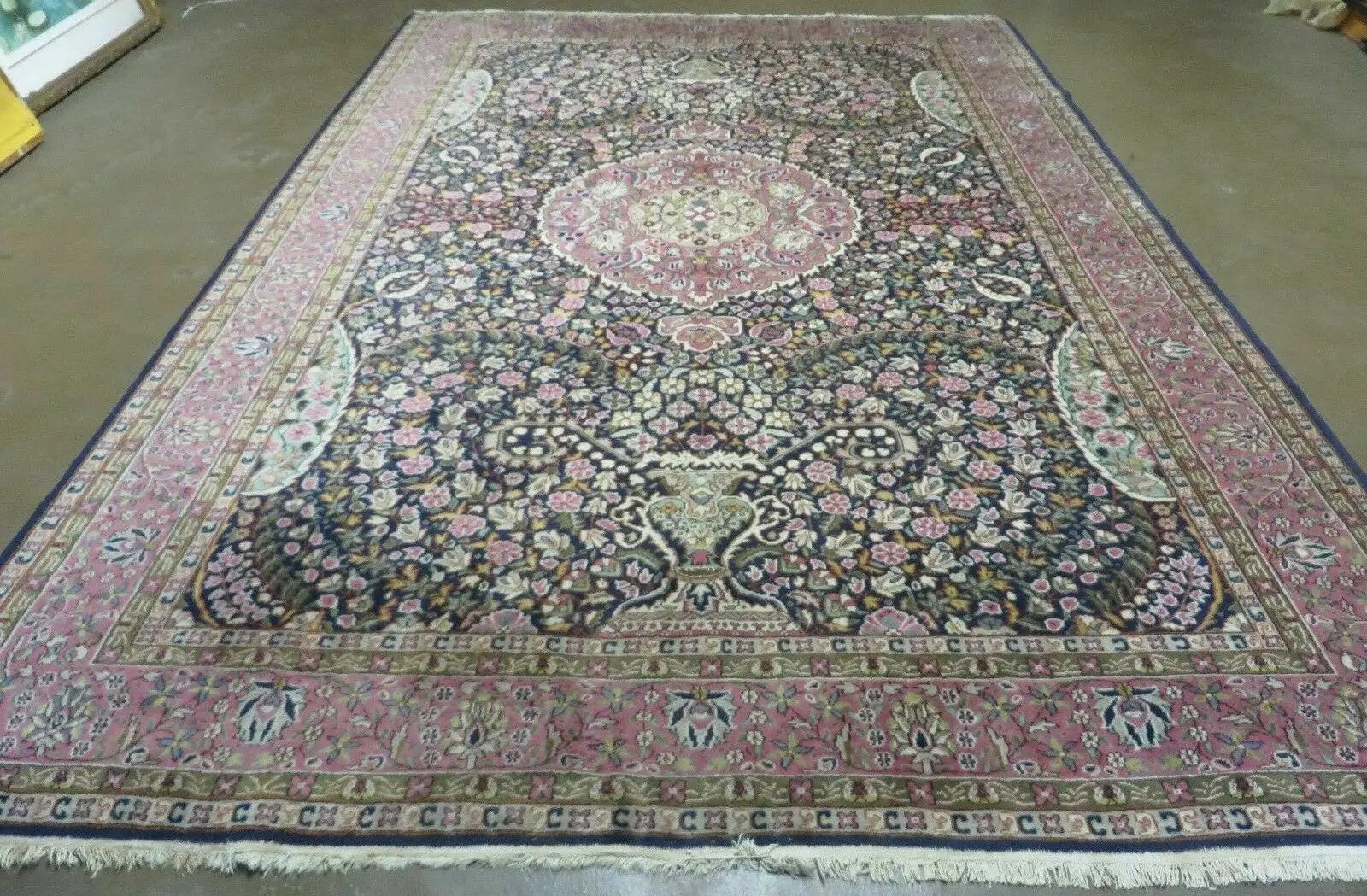 Turkish Sivas Rug 7x11, Navy Blue & Pink, Millifluer Floral Wool Carpet, Vintage by Jewel Rugs