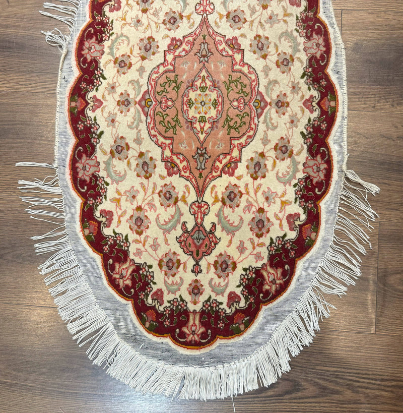Small Oval Persian Tabriz Rug 2x4, Kork Wool and Silk Highlights, Fine 260 KPSI by Jewel Rugs