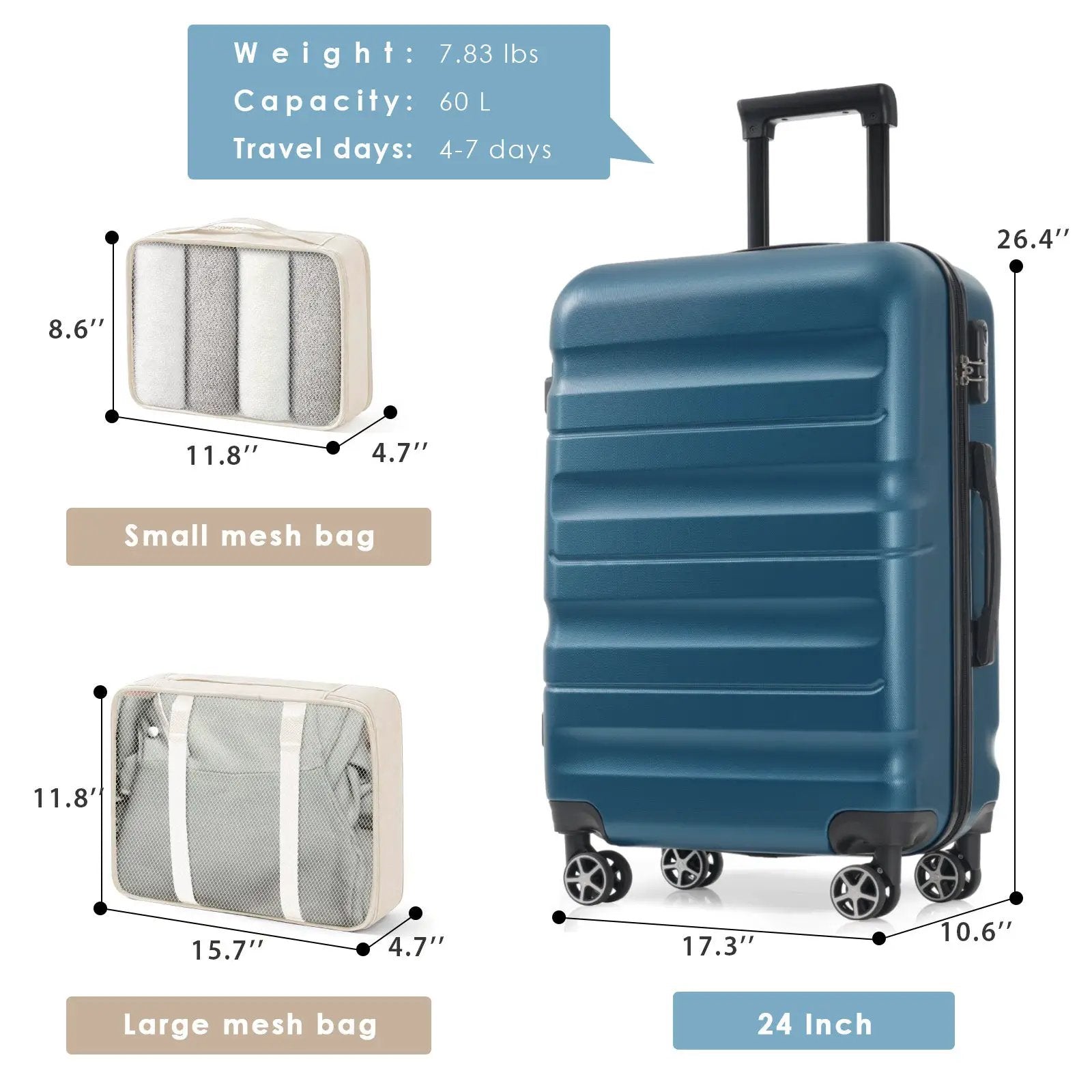 Hardshell ABS Luggage Set 24-Inch Spinner Suitcase with 2 Packing Cubes by HouseOfZazla