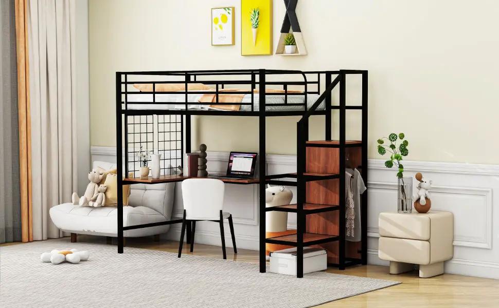 Loft Bed With Desk And Grid, Stylish Frame With Lateral Storage Ladder And Wardrobe by HouseOfZazla