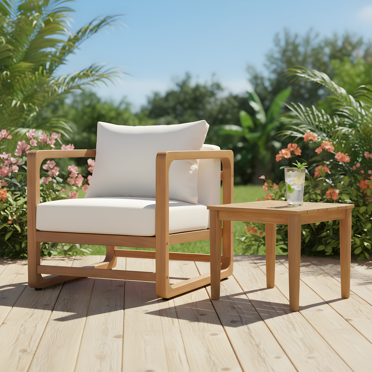 Acacia Wood Lounge Chair & Rustic Slat Side Table Set with White Cushions, photo 2 of 10