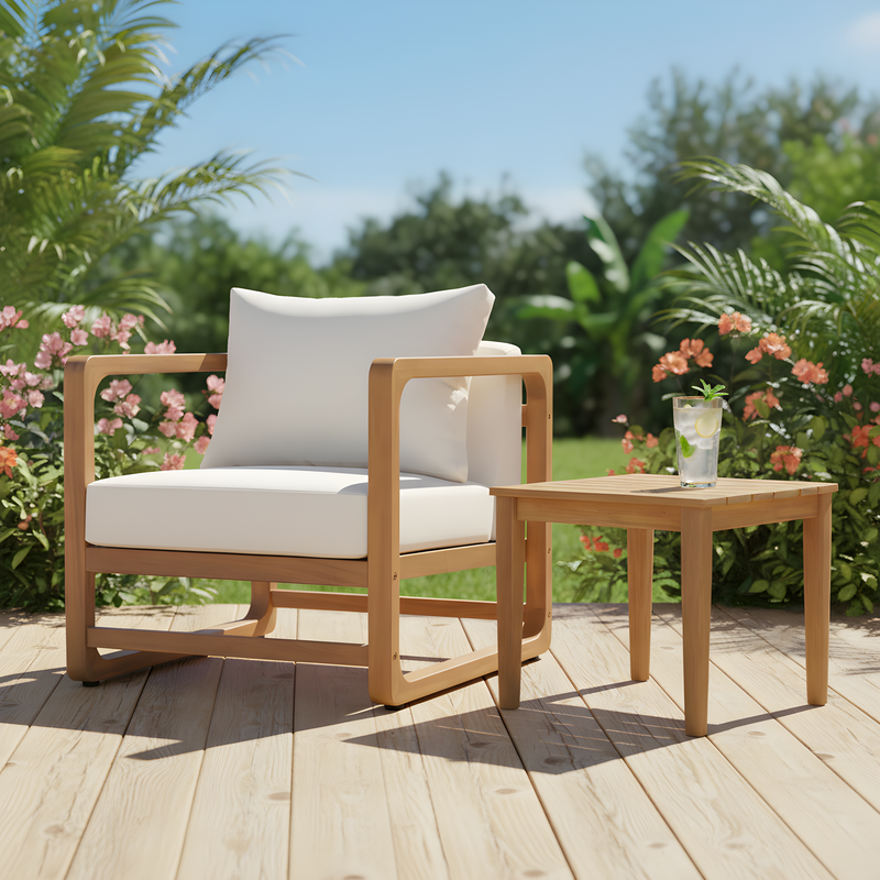 Acacia Wood Lounge Chair & Rustic Slat Side Table Set with White Cushions, photo 2 of 10