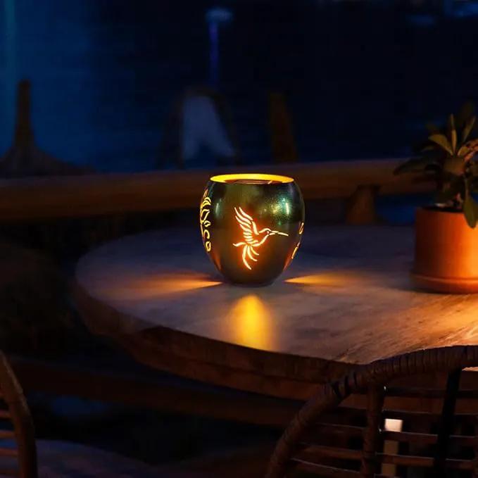 VEWOGARDEN Solar Lanterns Outdoor Waterproof Hummingbird & Plant Hollowed-Out Metal Lantern Solar Lights with Flickering Flame for Patio Porch Table, Green by GreenHaven Gardens