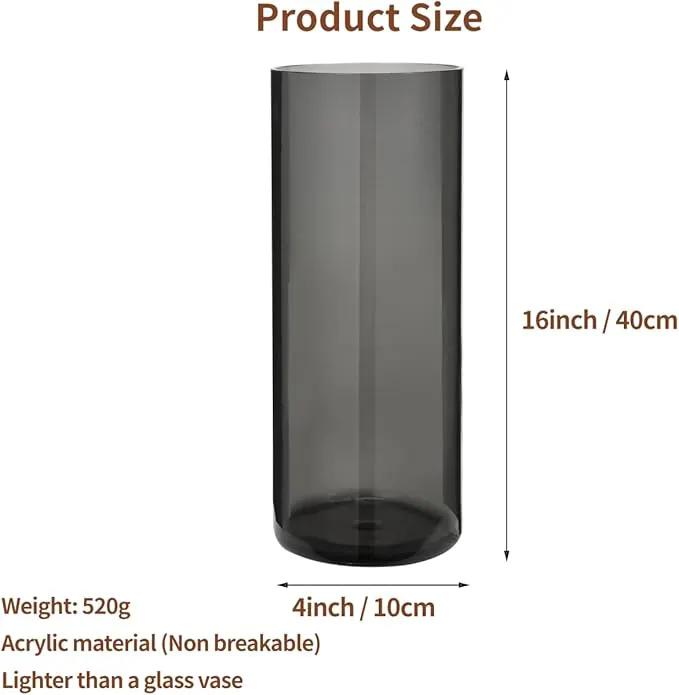 Flower Vase, Non-breakable Vases, 4" W x 16" H, Acrylic Grey Vase, Aesthetic Room Decor Cylindrical Modern Flower Vases for Table Centerpiece, Home Decor, Women Floral Arrangement Gift by GreenHaven Gardens