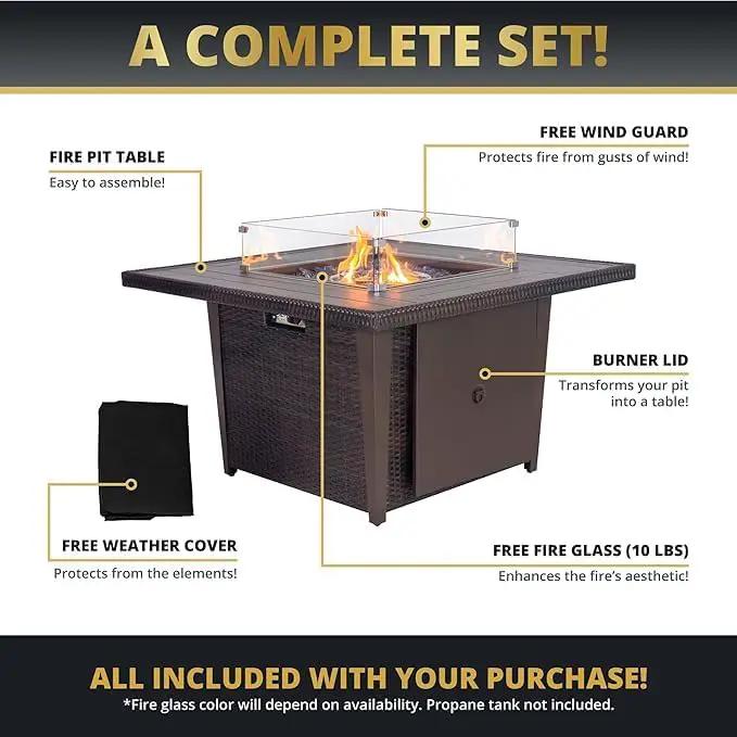 42 Inch Outdoor Propane Fire Pit, 50,000 BTU Gas Fire Pit Table with Lid, Wind Guard, Cover, and Glass Stones, Brown Squre Rattan Gas Firepit Table for Patio, Terrace, Garden, CSA Certification by GreenHaven Gardens