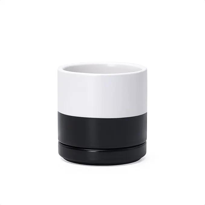D'vine Dev 3.5 Inch Ceramic Planter Pot with Drainage Hole and Saucer, Indoor Cylinder Round Planter Pot, Layered Monochrome Black & White, 94-O-A-L by GreenHaven Gardens