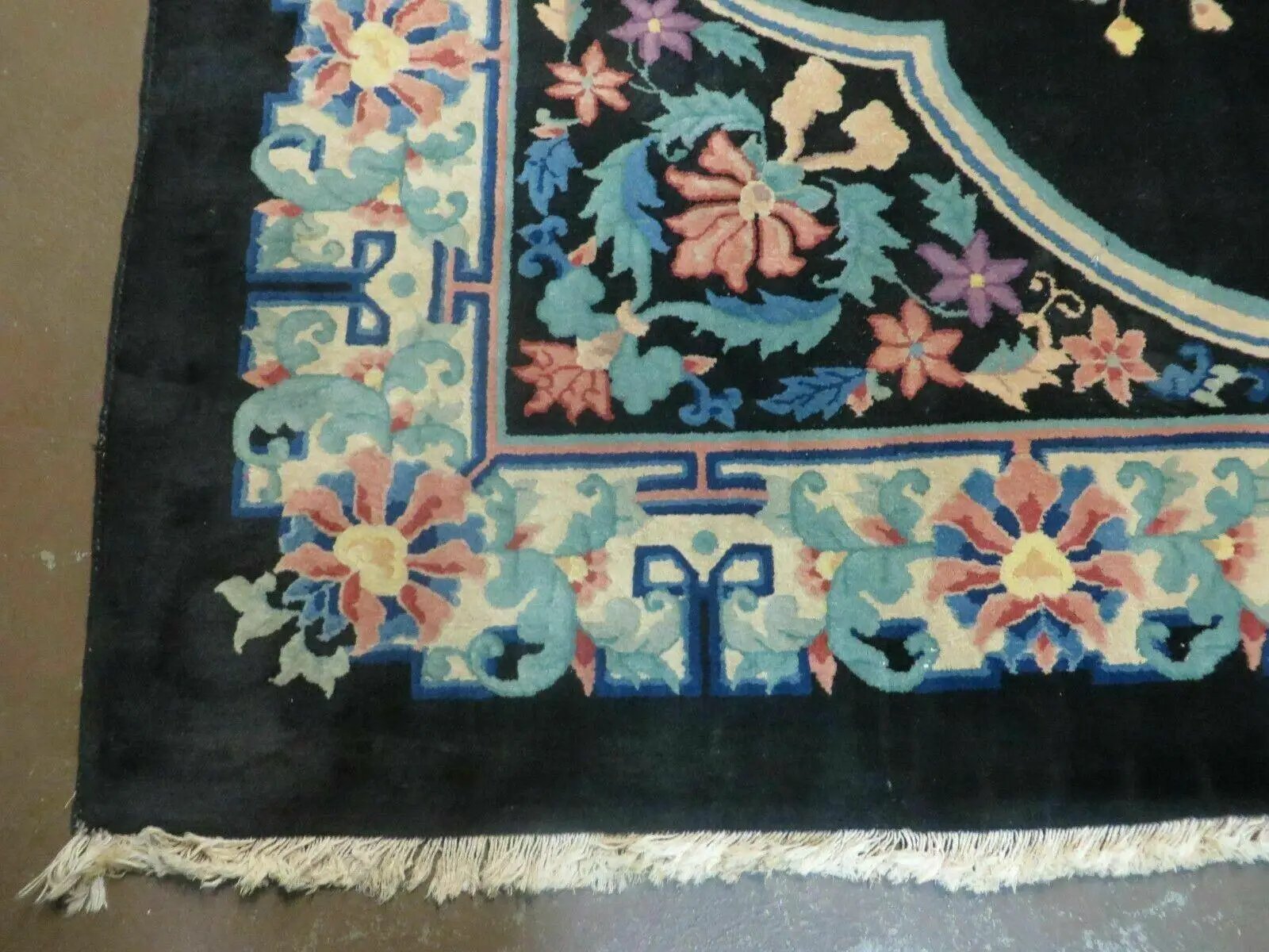 Black Chinese Wool Rug 8x10, Art Deco Floral Carpet, Soft Plush Pile by Jewel Rugs