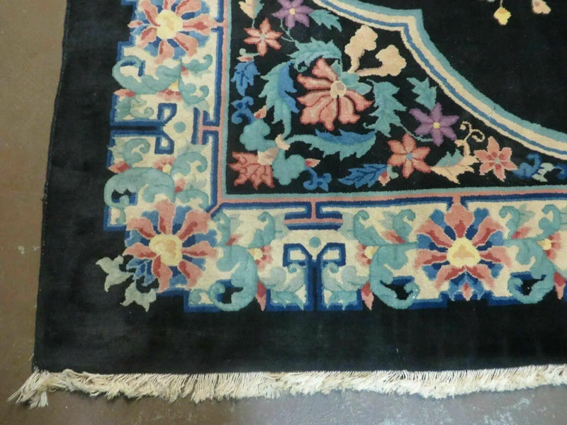 Black Chinese Wool Rug 8x10, Art Deco Floral Carpet, Soft Plush Pile by Jewel Rugs