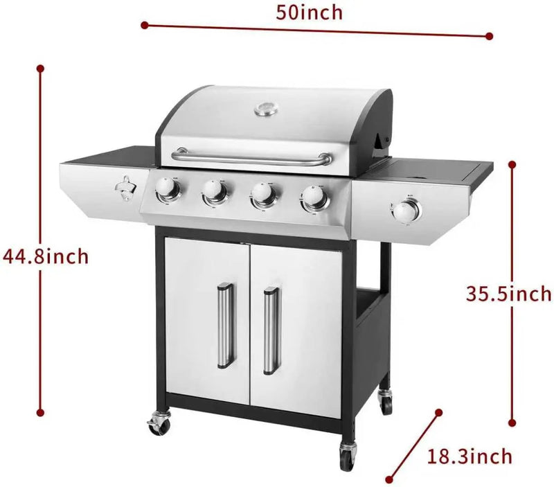 4-Burner Propane Gas BBQ Grill with Side Burner, 53,000 BTU Output with Enameled Cast Iron Grates for Patio Garden Barbecue, Stainless Steel by GreenHaven Gardens