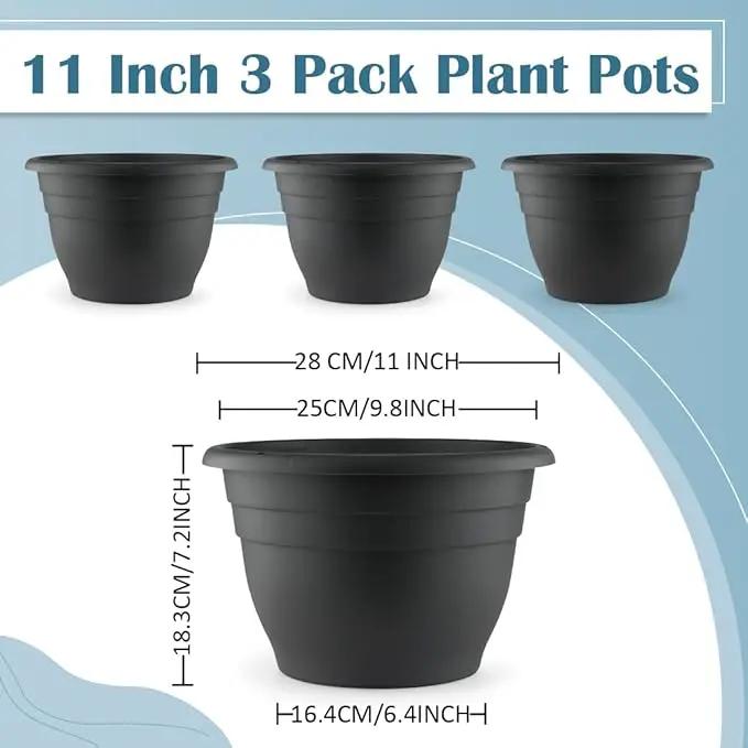 11 Inch Plant Pots, 3 Pack Planters for Indoor Ourdoor Plants, Round Plastic Flower Pots, Large Planters with Drainage Hole and Plug, Gray by GreenHaven Gardens