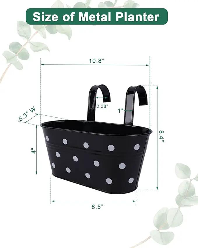 vensovo Metal Railing Planter for Outdoor Plants - 3 Pack Balcony Hanging Flower Pots with Detachable Hooks and Drain Holes Oval Bucket Rail Box Fence Planters for Home Garden Decor, Black with Spot by GreenHaven Gardens