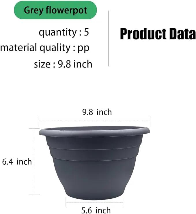 Plant Pots Set of 5, 10 Inch Round Flower Pots, Thickened Plant Planters with Drainage Holes, Garden Pots for Indoor Outdoor (Dark Gray) by GreenHaven Gardens