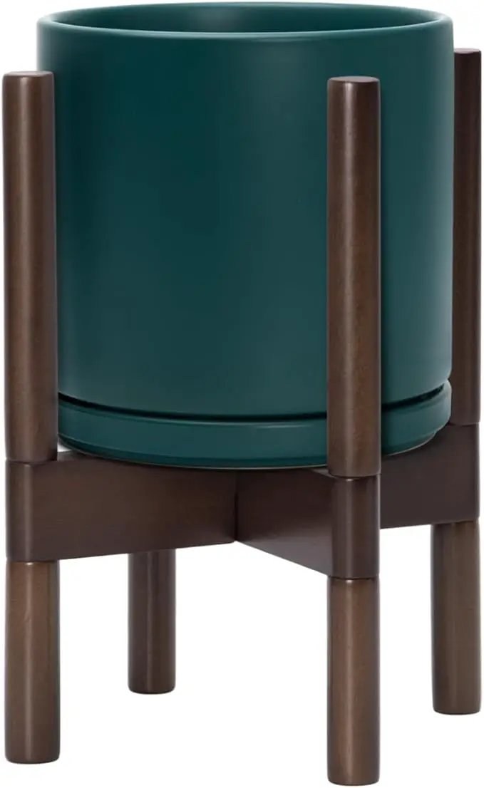 D'vine Dev Ceramic Planter with Walnut Color Stand - 8 Inch Modern Round Flower Pot with Wood Planter Holder, Teal, 55-B-Y-4 by GreenHaven Gardens