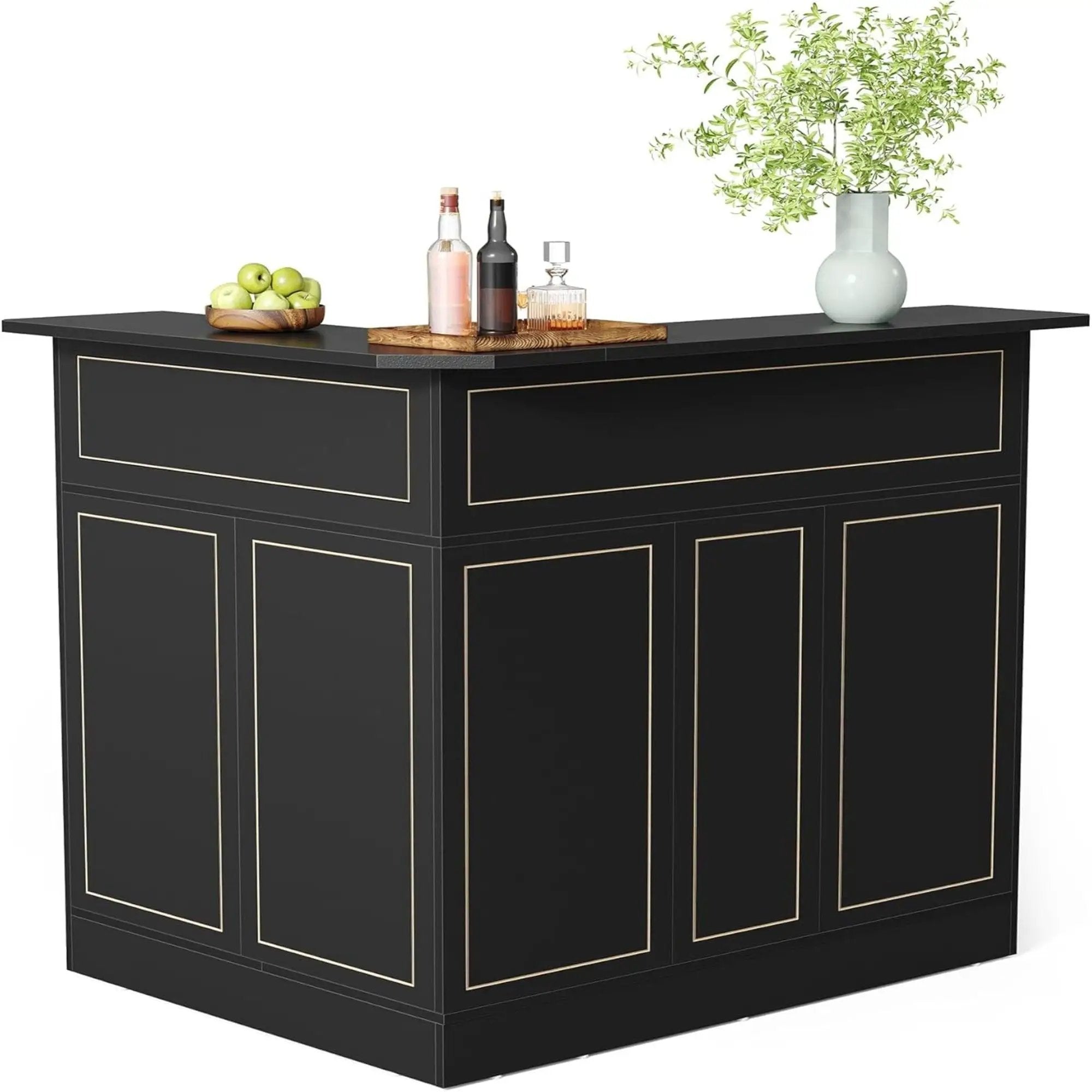 L-Shaped Home Bar Cabinet With Stemware Racks, 4 Tier Corner Unit, Liquor Wine Bar Table & Reception Desk For Home Pub - Black by HouseOfZazla