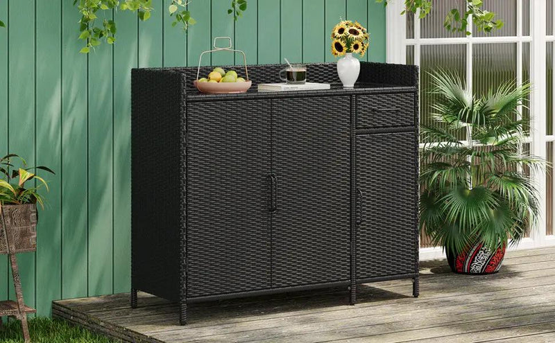 K&K 47.5"W Wicker Outdoor Storage Cabinet with Tempered Glass Top by HouseOfZazla